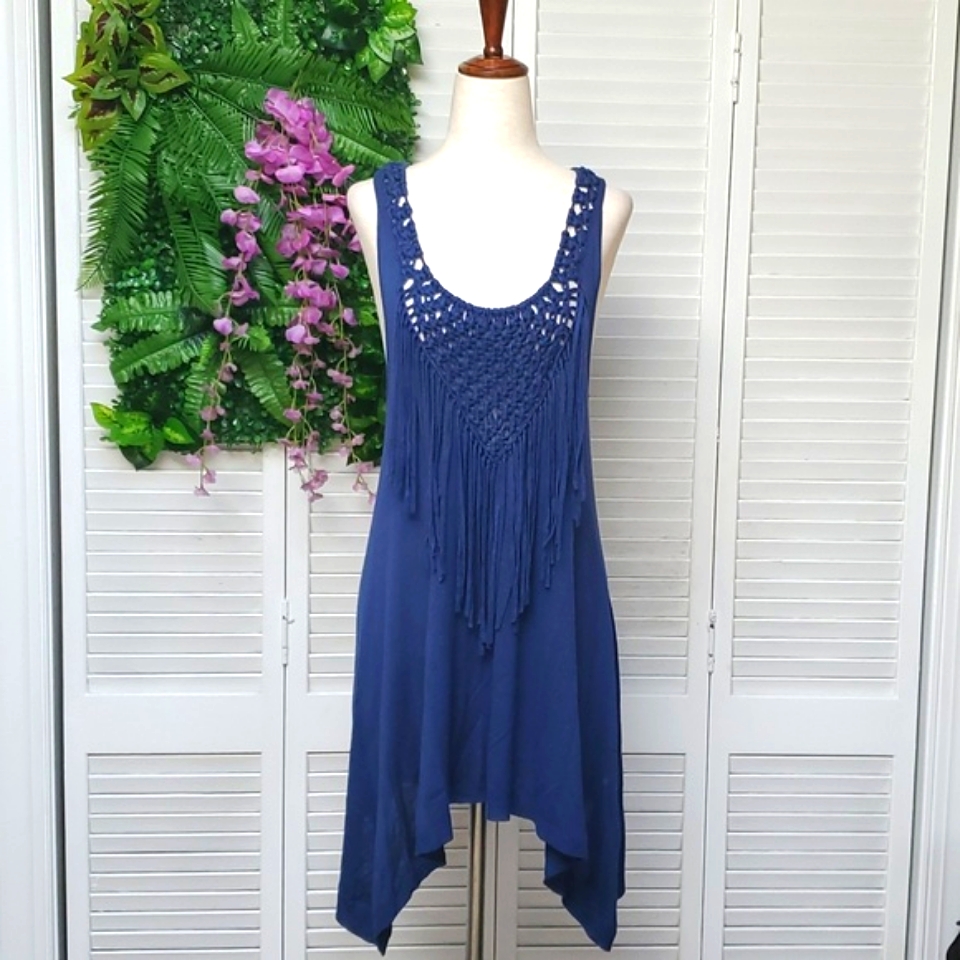 Rebecca Taylor Navy Braided Fringe Asmetrical Knit Tunic